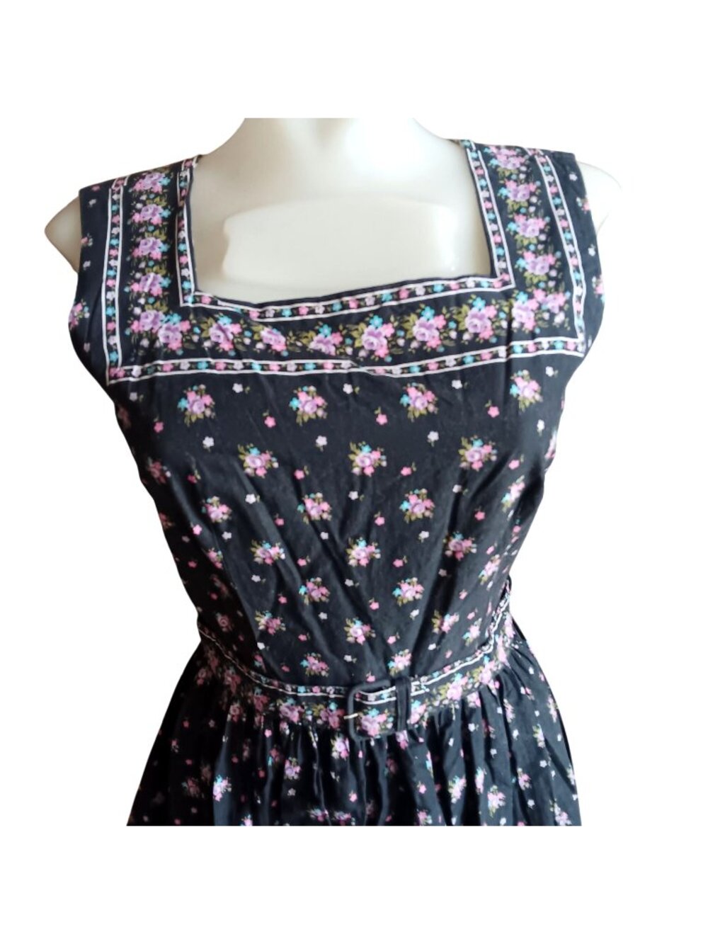 6/8 Vintage 1950's Prairie Midi Dress Floral Sleeveless Pink Flowers Square Boho